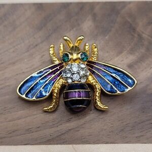 Vintage Gold Tone, Rhinestones, Enamel Bee Brooch Pin